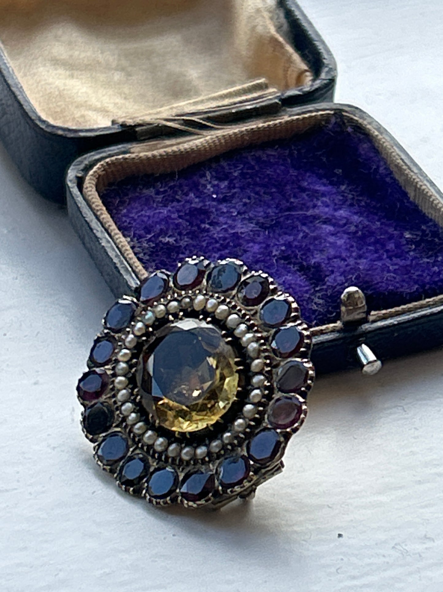 Antique Garnet Oval Citrine And Seed Pearl Brooch. Inscribed 1830. Georgian Era.