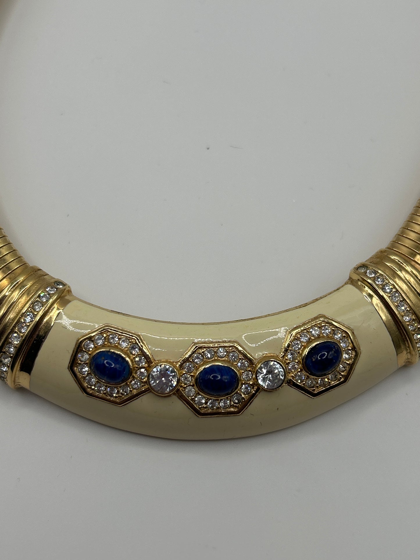 Christian Dior Vintage omega Necklace, Earrings. Cream Enamel and blue cabochons.