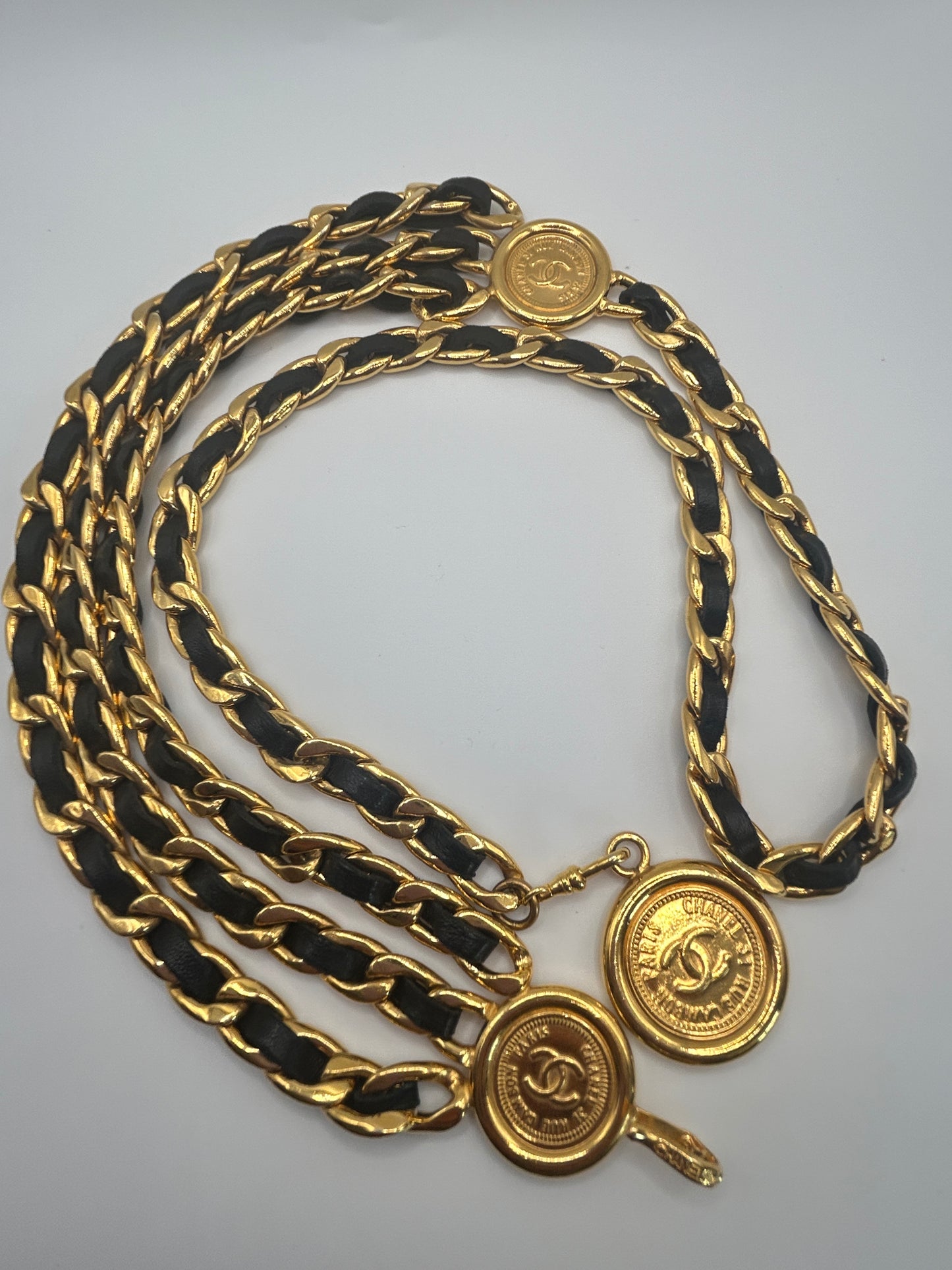 Chanel Vintage Black And Gold Chain Belt Gold Medallions iconic. Autumn 1994