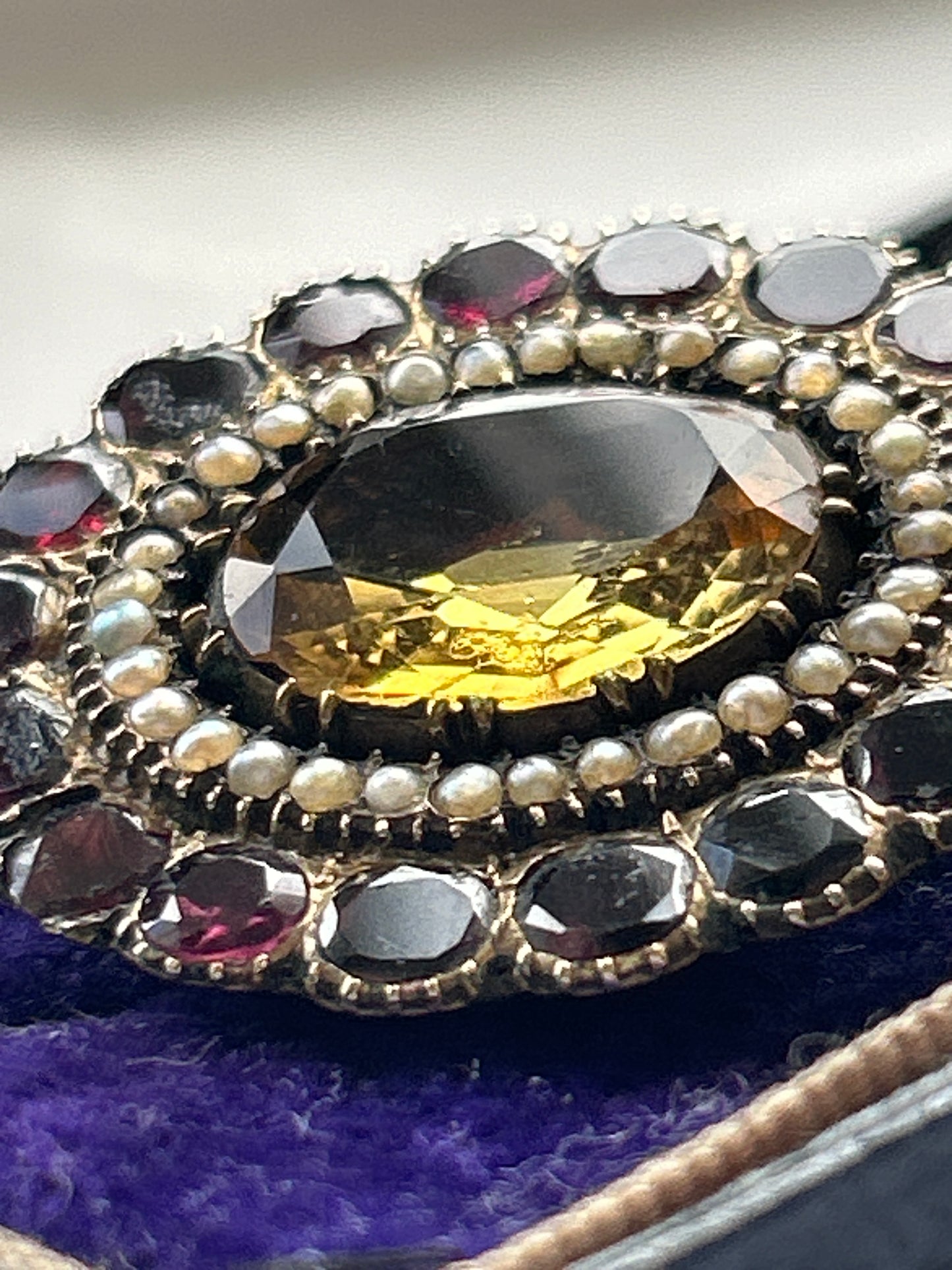 Antique Garnet Oval Citrine And Seed Pearl Brooch. Inscribed 1830. Georgian Era.