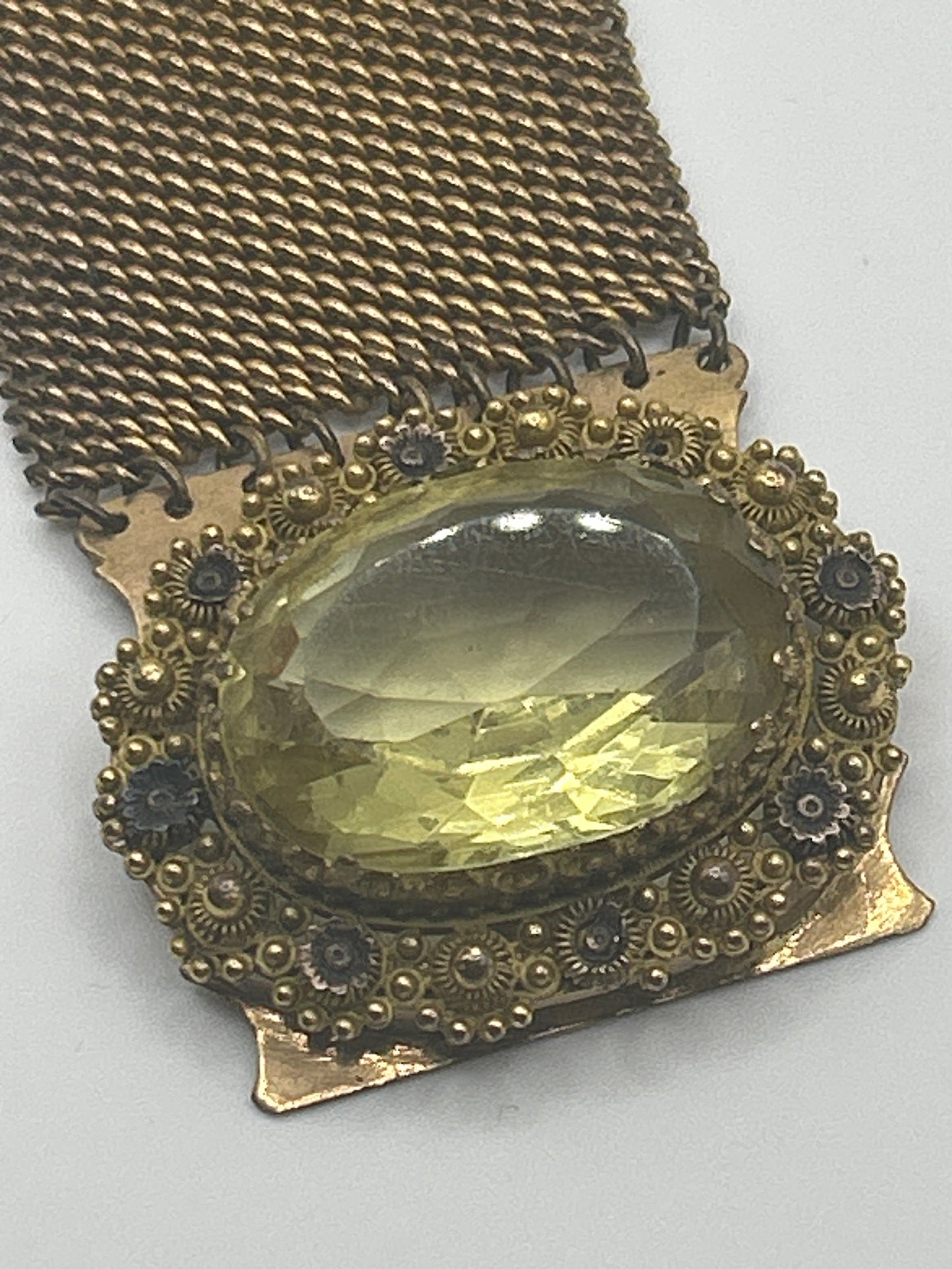 Antique Victorian Etruscan Mesh Pinchbeck Bracelet Paste Citrine.