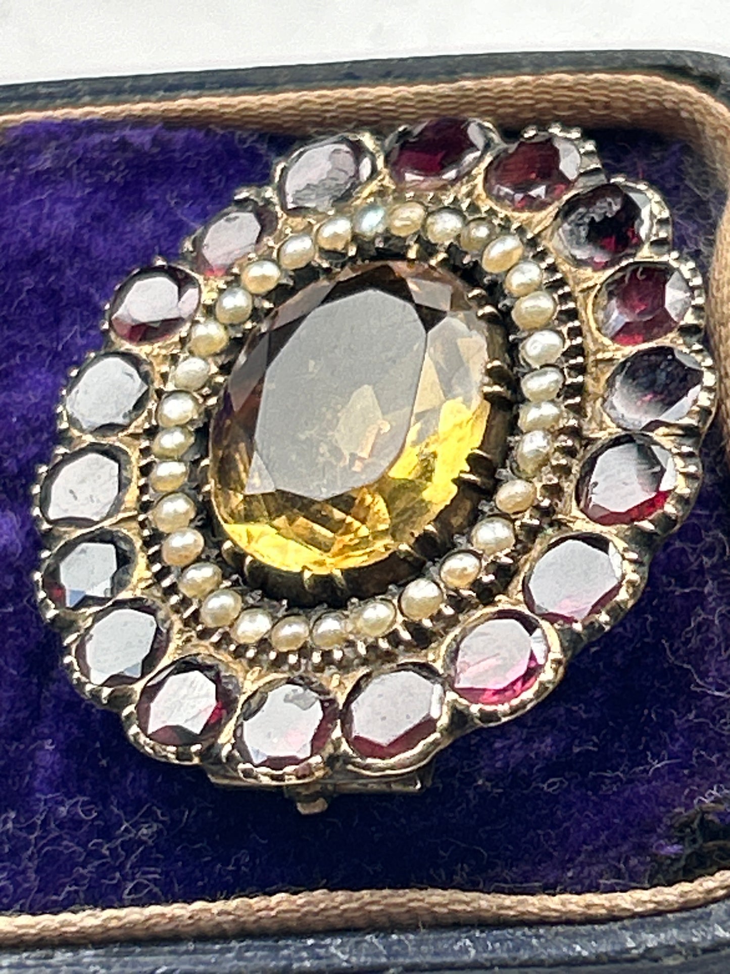 Antique Garnet Oval Citrine And Seed Pearl Brooch. Inscribed 1830. Georgian Era.