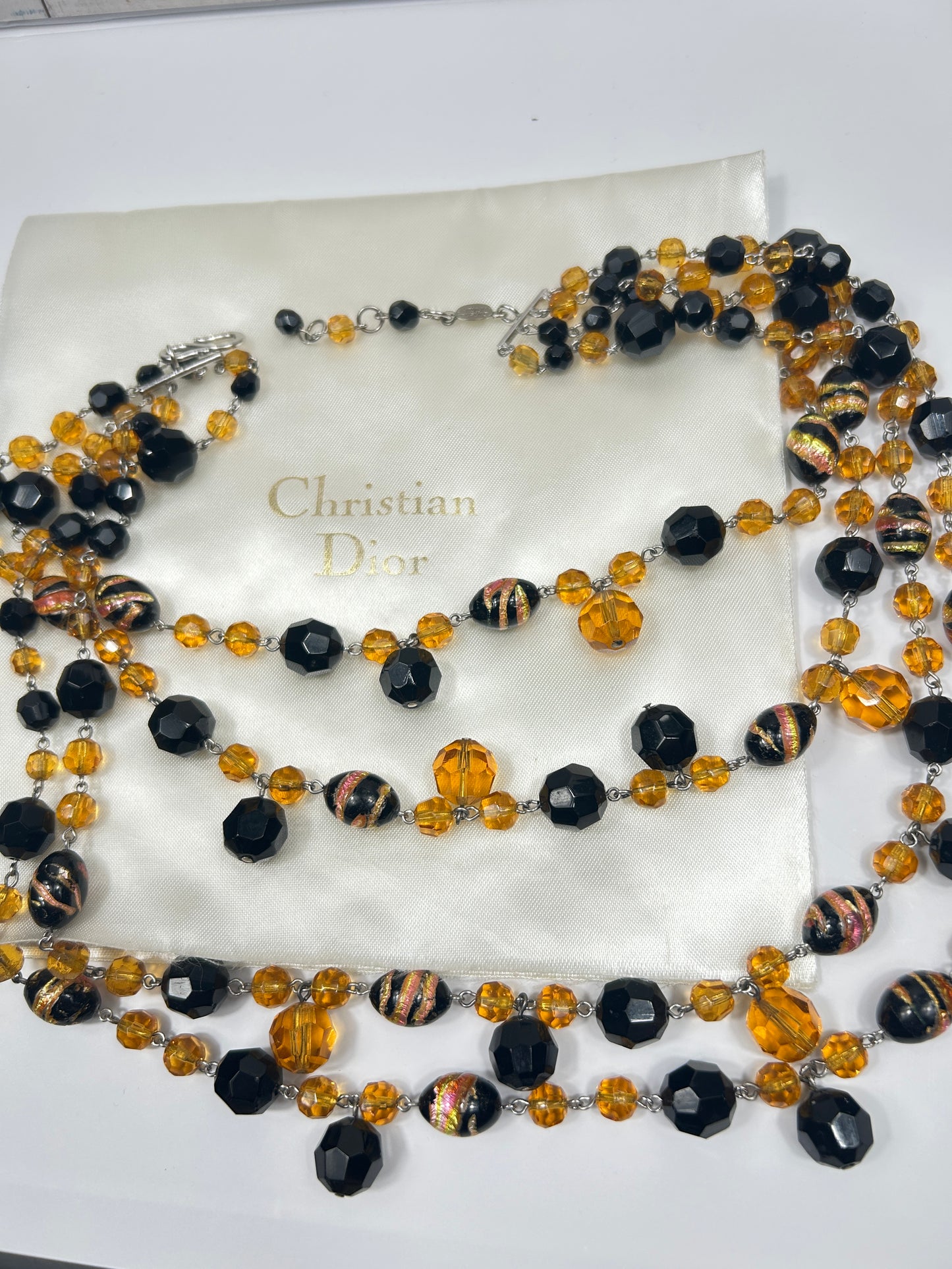 Vintage 1960s Christian Dior Glass Beads Layered Necklace. Amber coloured & Black.
