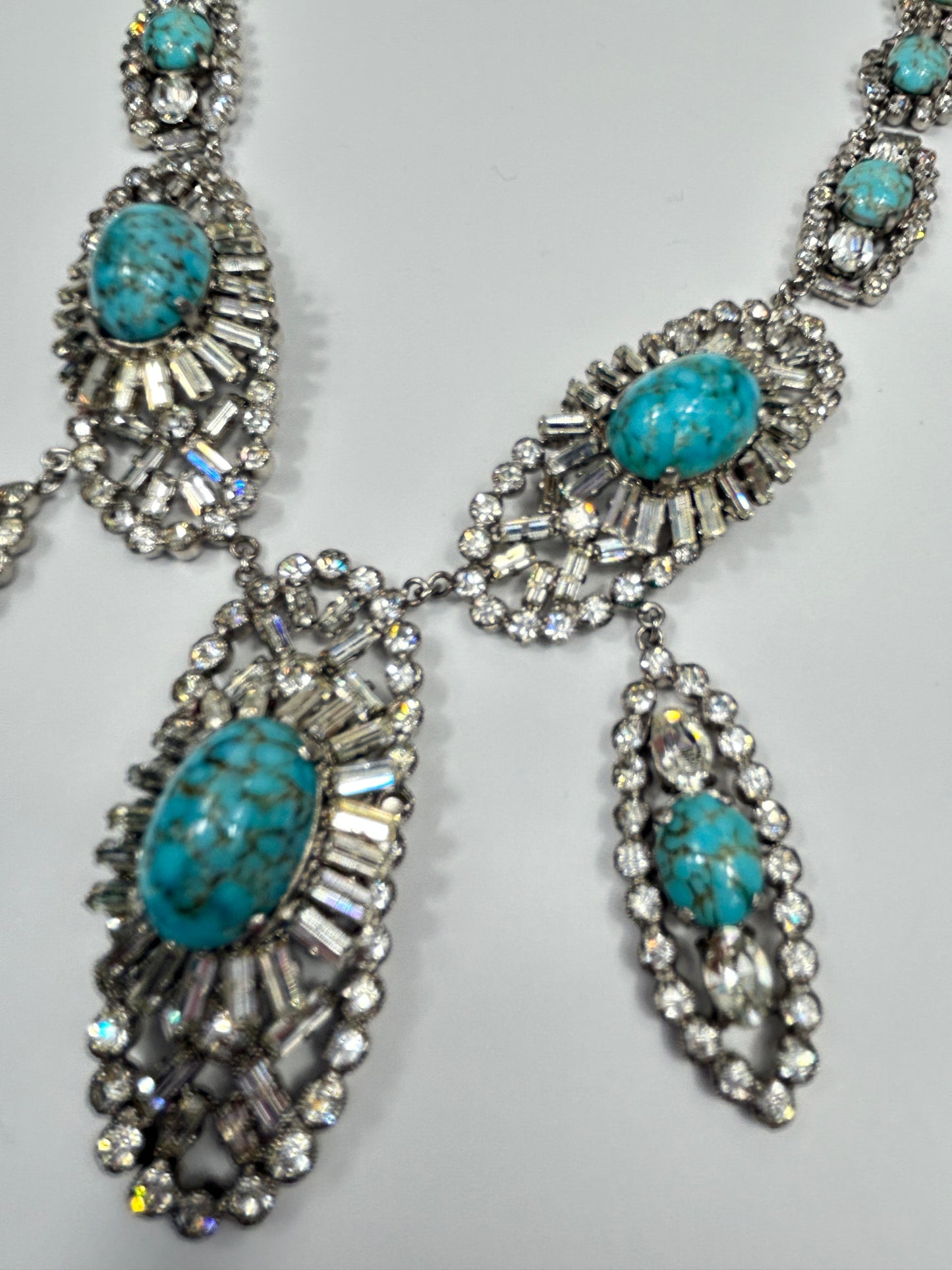 Norman Hartnell signed. Vintage Glass Necklace Rare With Glass Turquoise And Crystals.