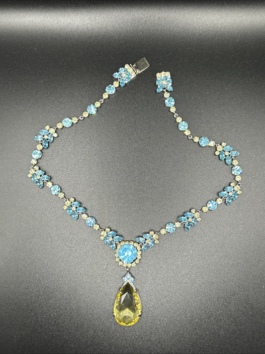 Vintage 1970s Christian Dior Lemon Citrine Paste & Blue Crystal Necklace