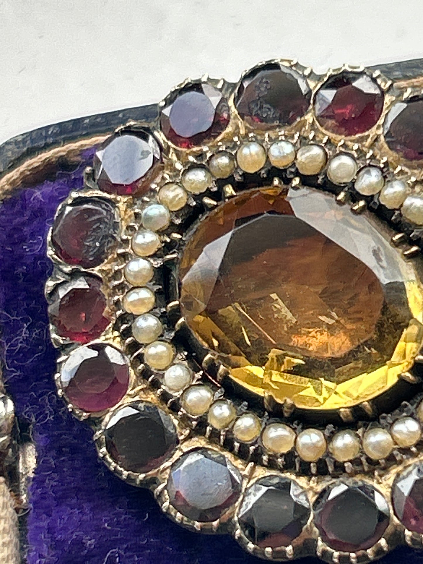 Antique Garnet Oval Citrine And Seed Pearl Brooch. Inscribed 1830. Georgian Era.