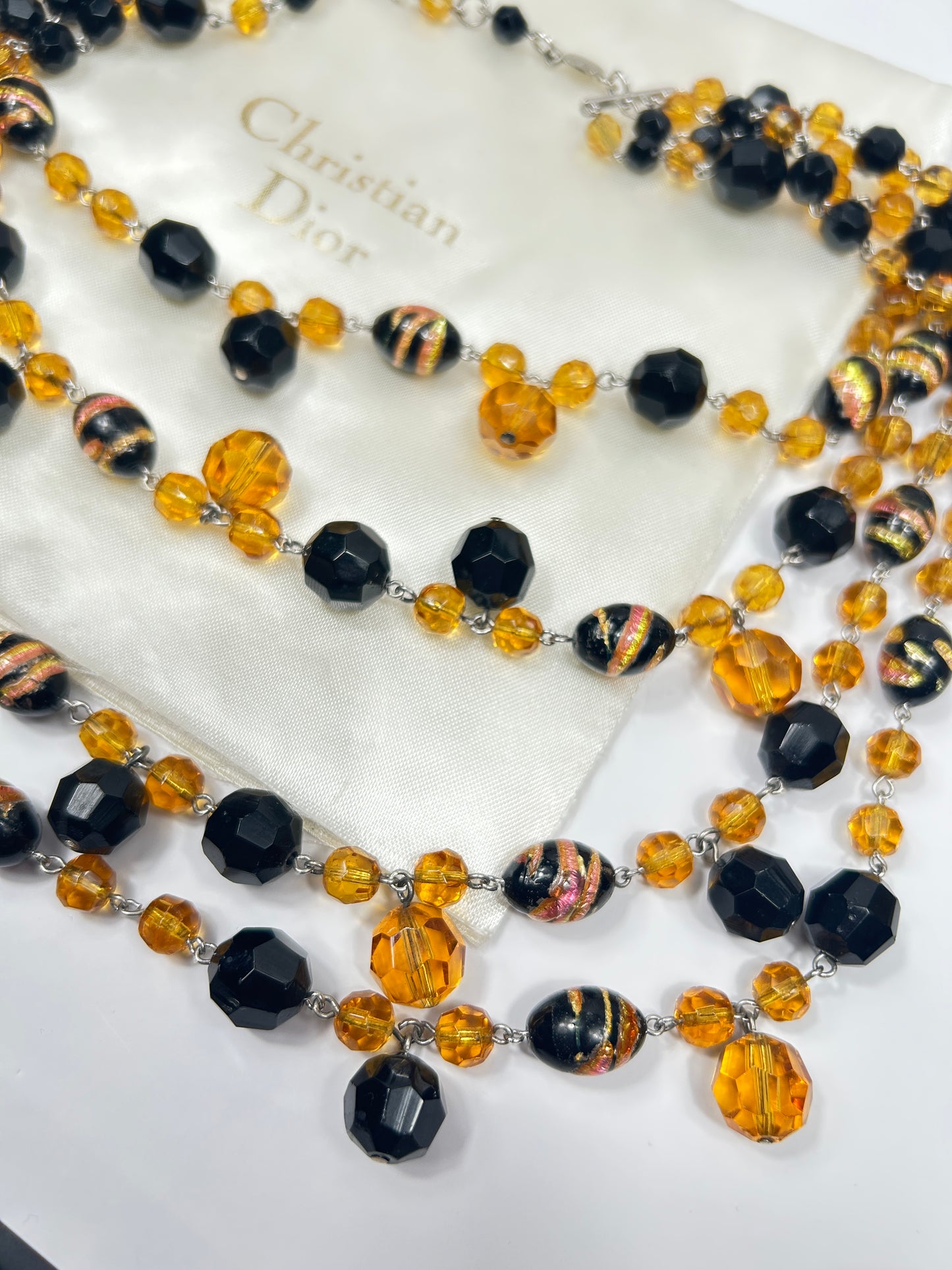 Vintage 1960s Christian Dior Glass Beads Layered Necklace. Amber coloured & Black.