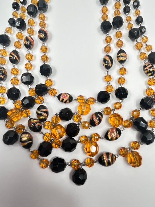 Vintage 1960s Christian Dior Glass Beads Layered Necklace. Amber coloured & Black.