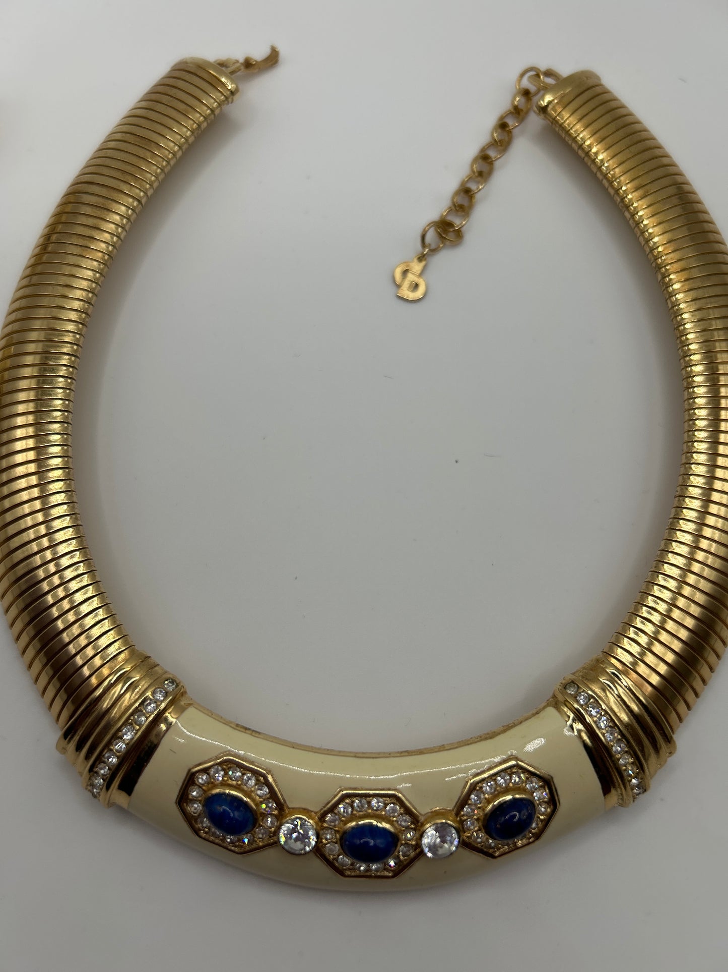 Christian Dior Vintage omega Necklace, Earrings. Cream Enamel and blue cabochons.