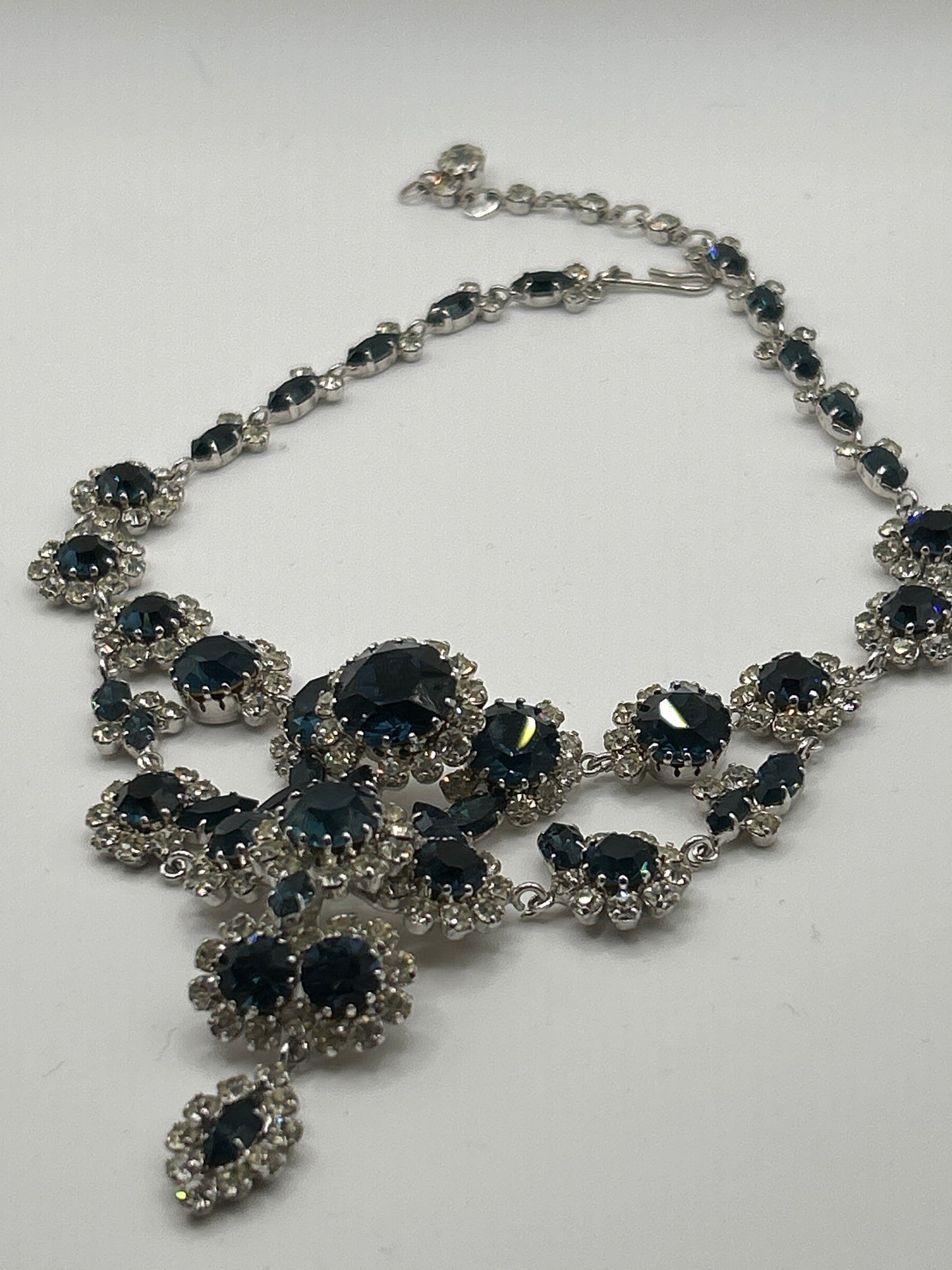 Vintage blue sapphire coloured crystal and clear paste stone statement bib necklace.