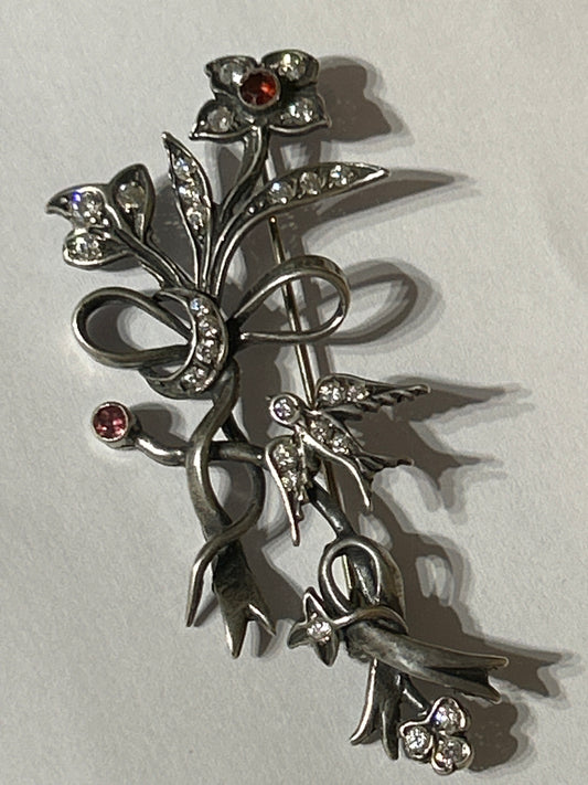 Antique Edwardian Silver Brooch With Swallow. Garnet & Paste Stones.