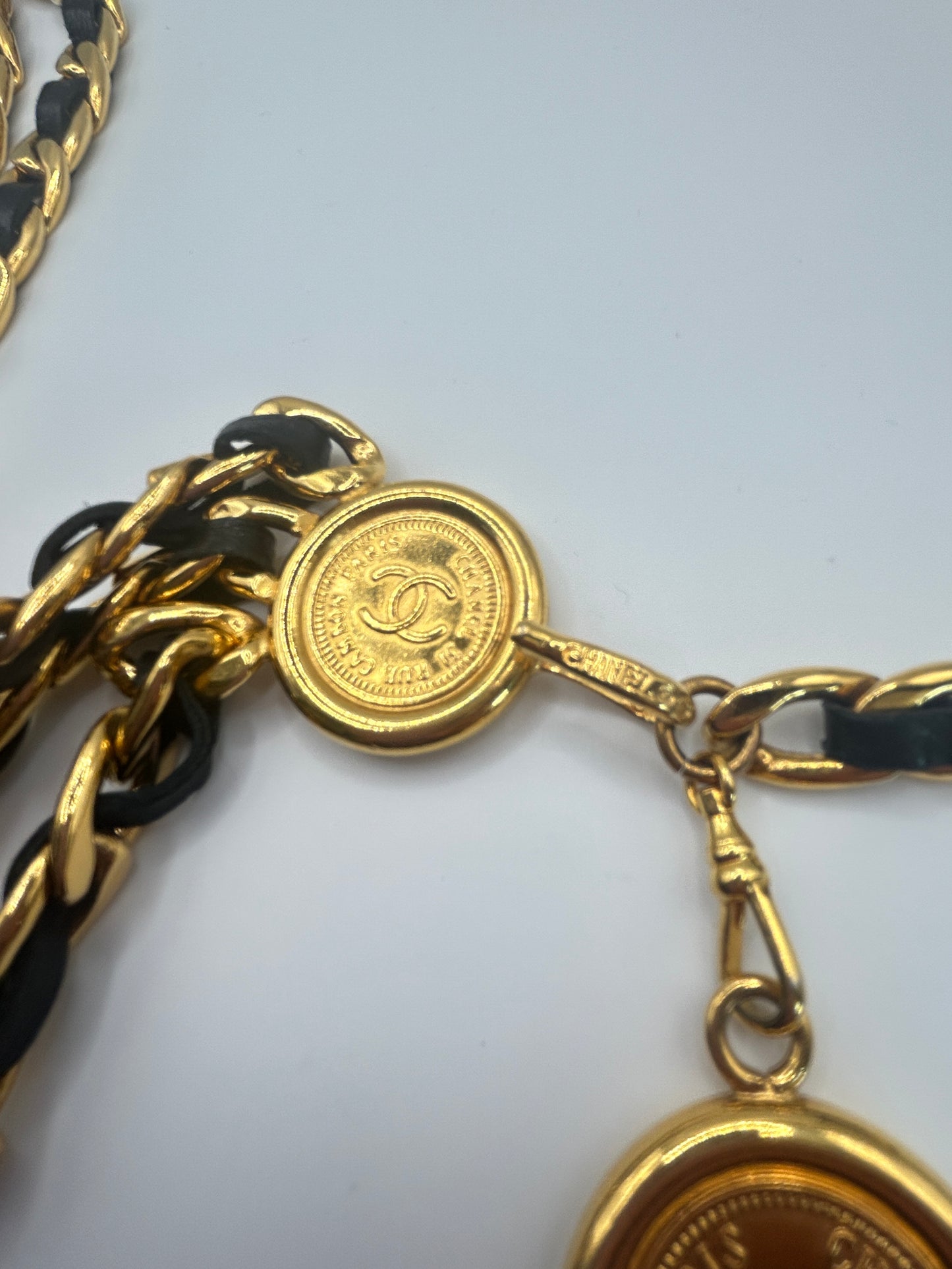 Chanel Vintage Black And Gold Chain Belt Gold Medallions iconic. Autumn 1994