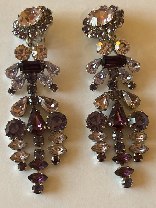 Vintage Signed Austrian Long Paste Lilac And Purple Earrings . Flower Design.