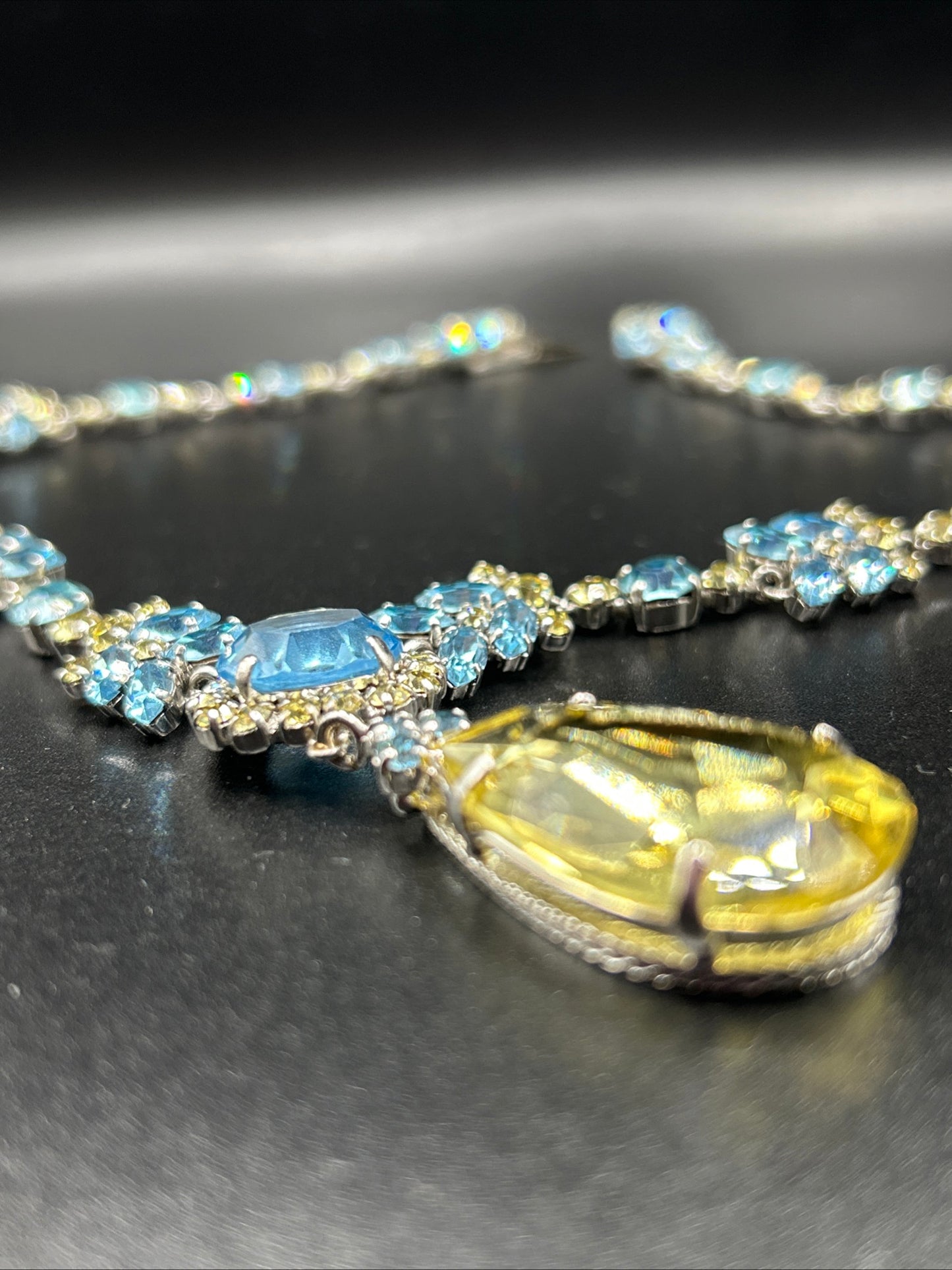 Vintage 1970s Christian Dior Lemon Citrine Paste & Blue Crystal Necklace