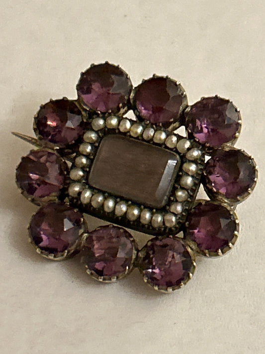 Georgian, Amethyst Paste, Seed Pearl, Plaited Hair Gold fill Mourning Brooch