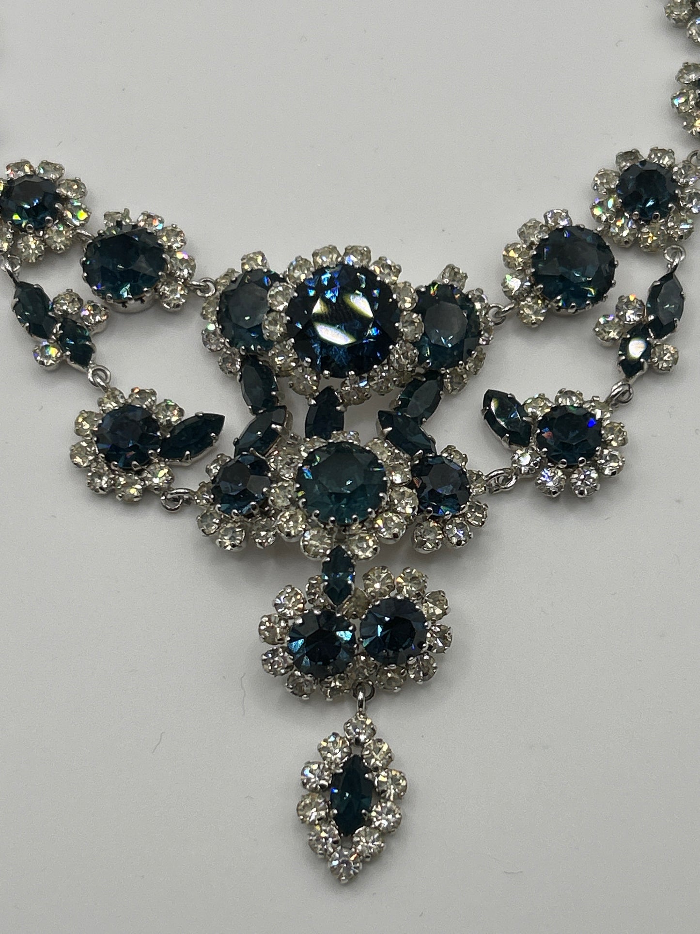 Vintage blue sapphire coloured crystal and clear paste stone statement bib necklace.