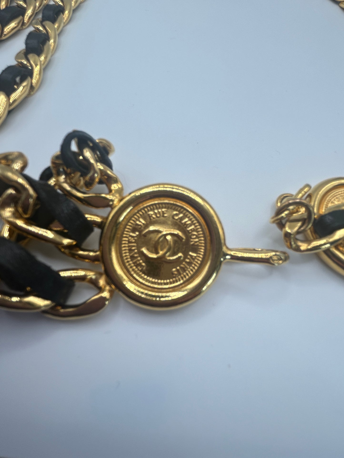 Chanel Vintage Black And Gold Chain Belt Gold Medallions iconic. Autumn 1994