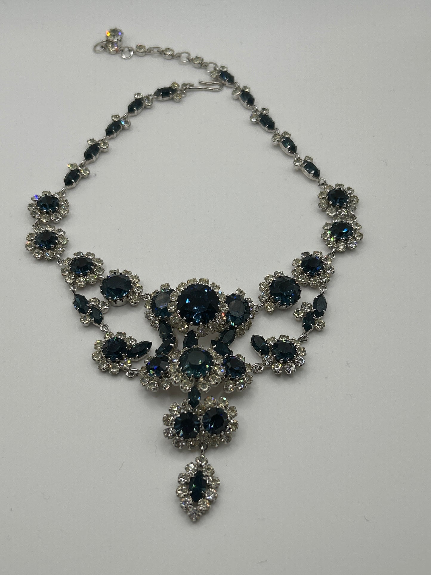 Vintage blue sapphire coloured crystal and clear paste stone statement bib necklace.