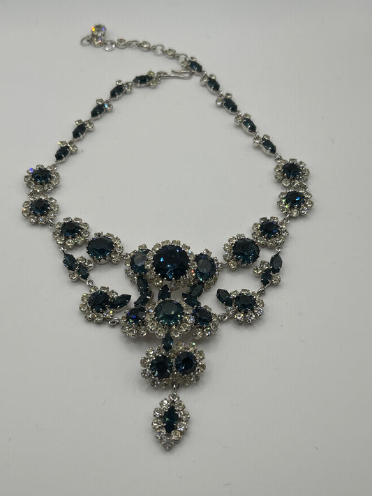 Vintage blue sapphire coloured crystal and clear paste stone statement bib necklace.