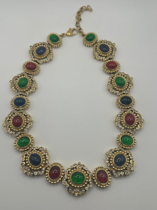 Christian Dior Vintage Mughal Necklace With Multicoloured Glass Stones Cabochons
