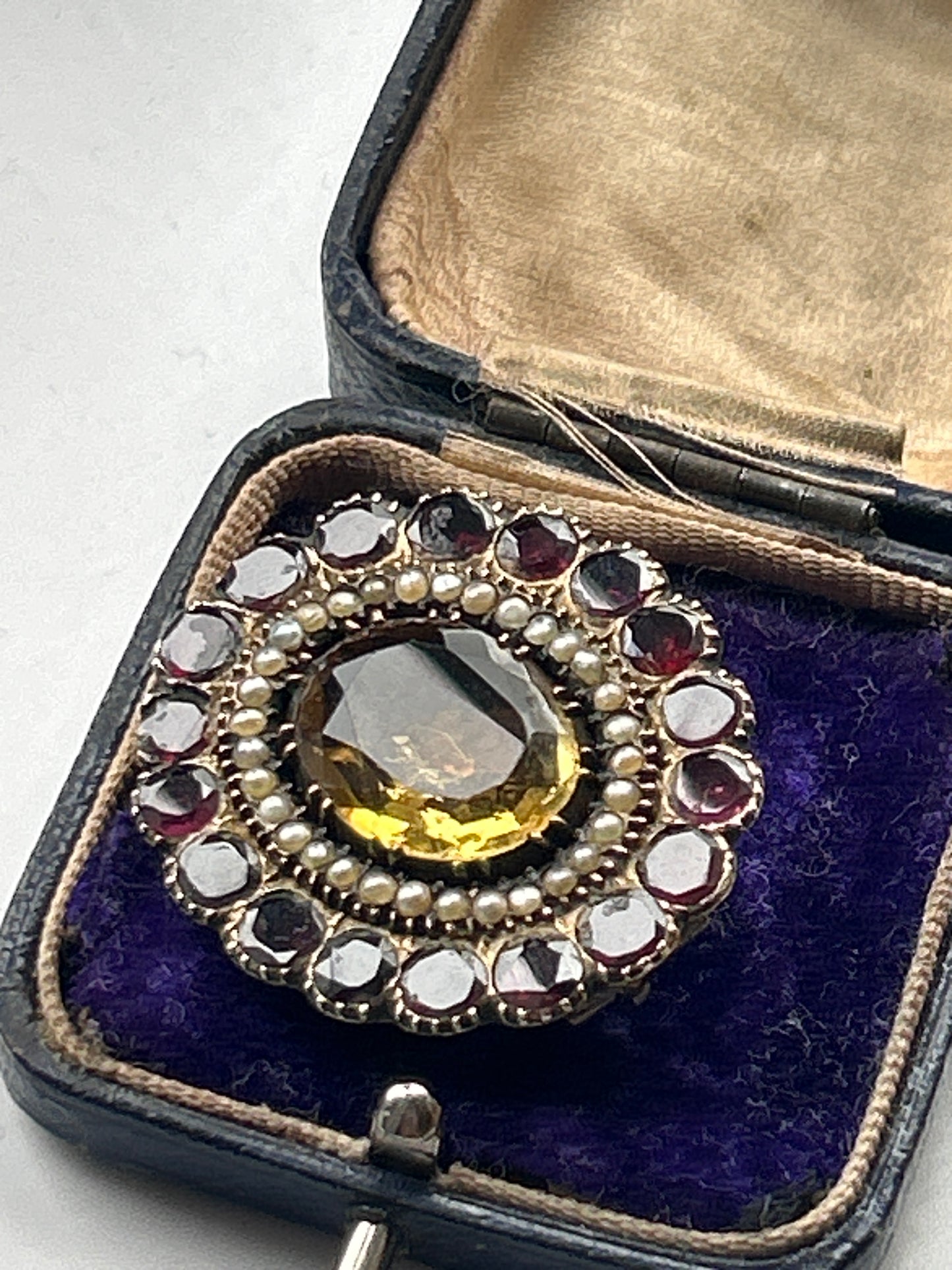 Antique Garnet Oval Citrine And Seed Pearl Brooch. Inscribed 1830. Georgian Era.