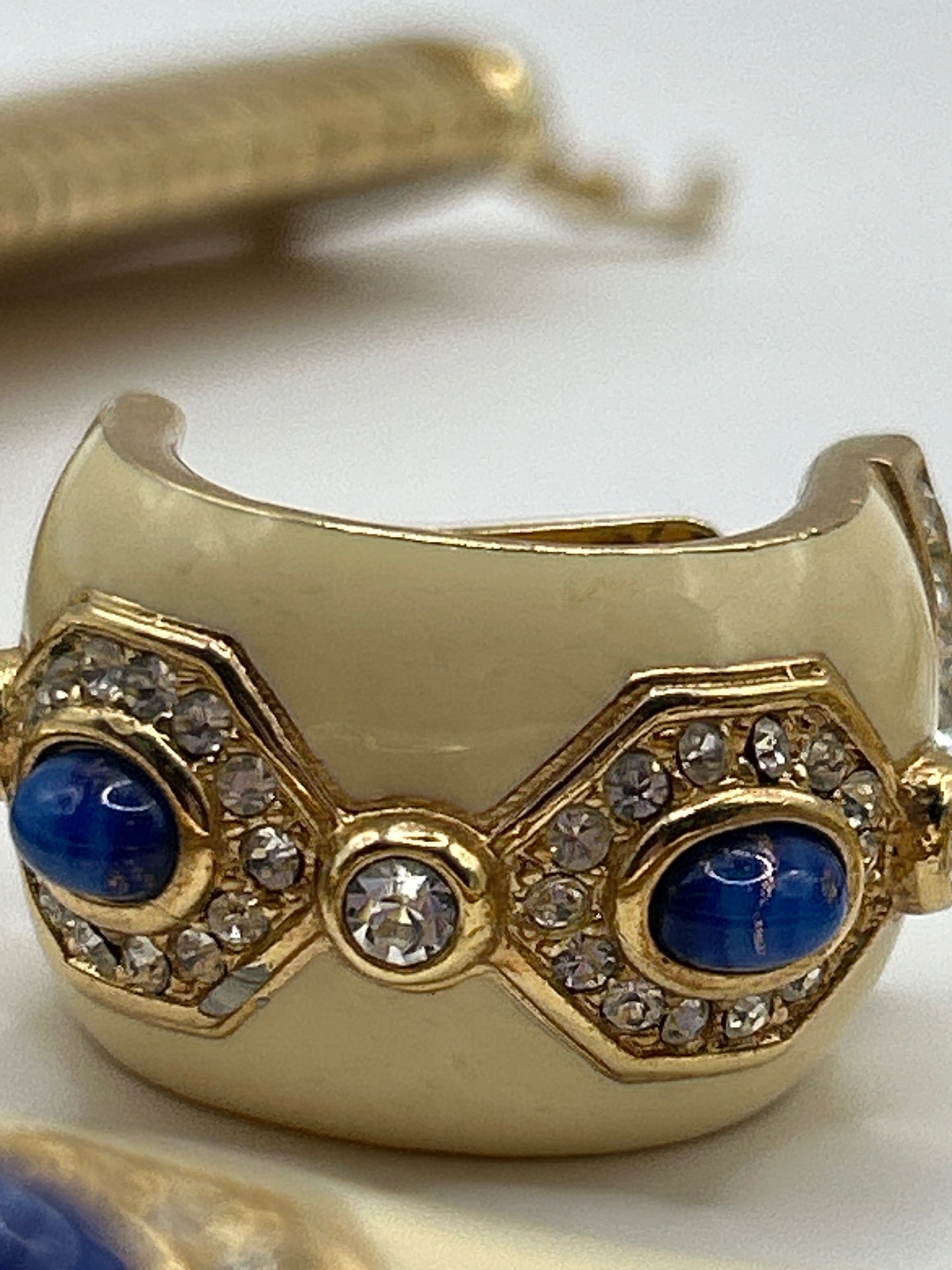 Christian Dior Vintage omega Necklace, Earrings. Cream Enamel and blue cabochons.