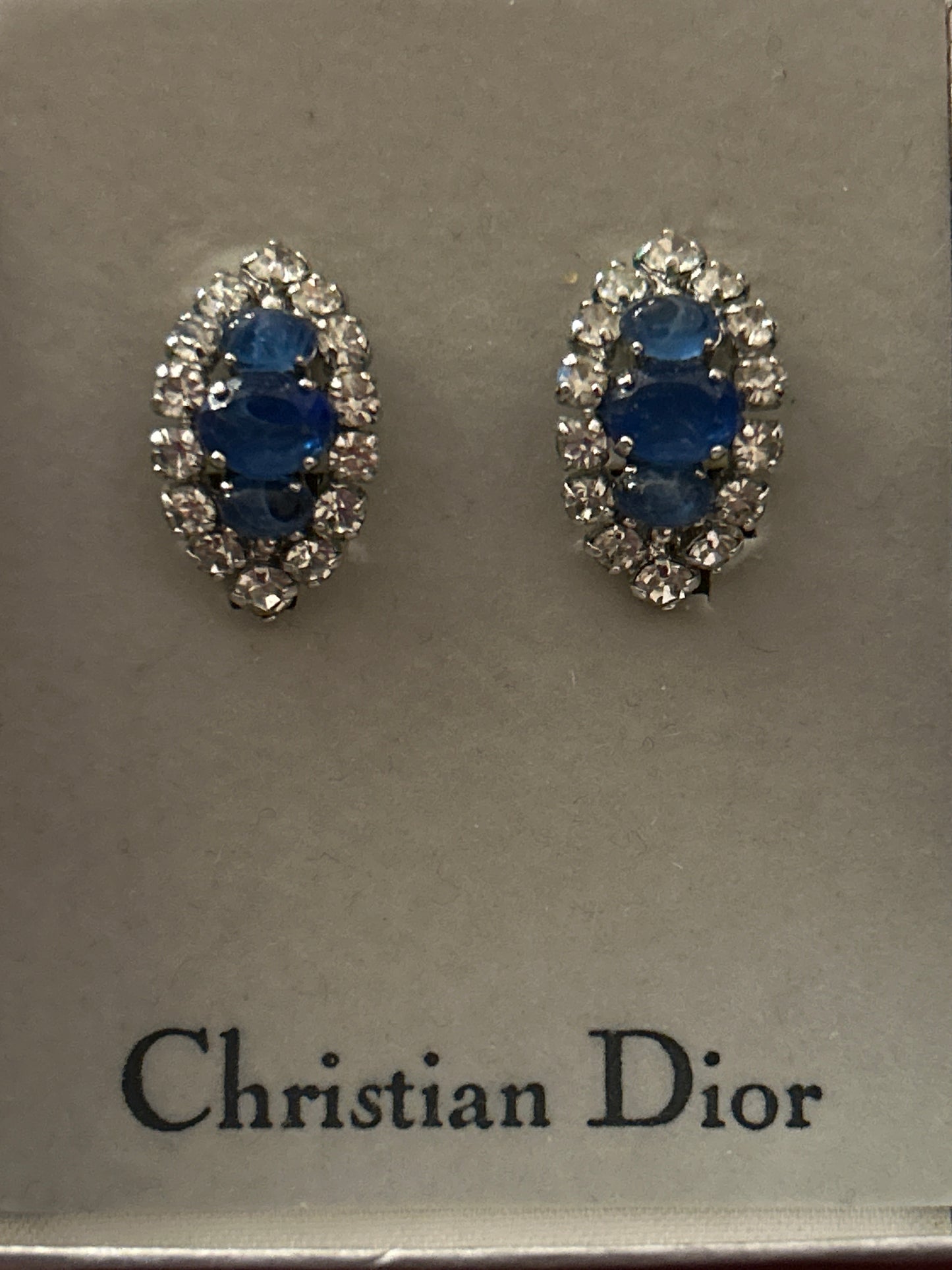 Stunning Blue glass and paste Christian Dior vintage clip on earrings. Dated 1973