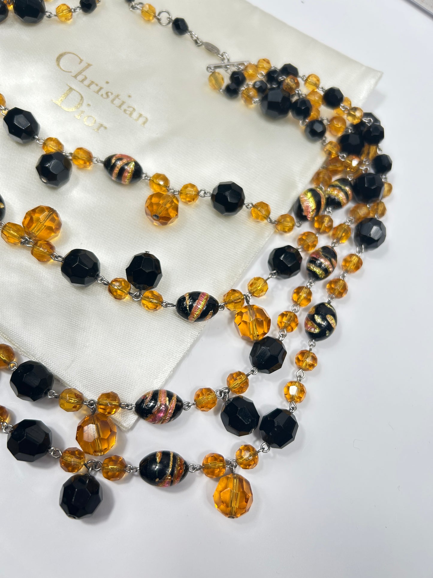 Vintage 1960s Christian Dior Glass Beads Layered Necklace. Amber coloured & Black.
