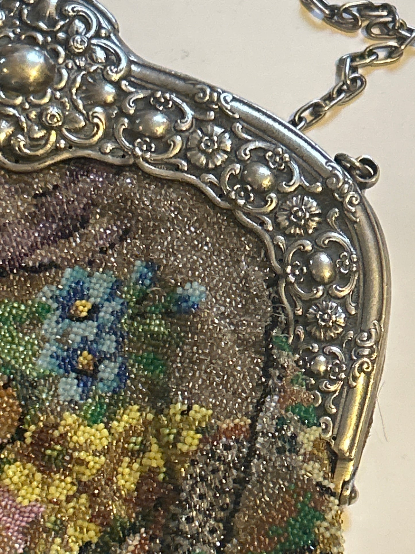 Large Antique Victorian Beaded Handbag With Silver Marked 800 On Frame