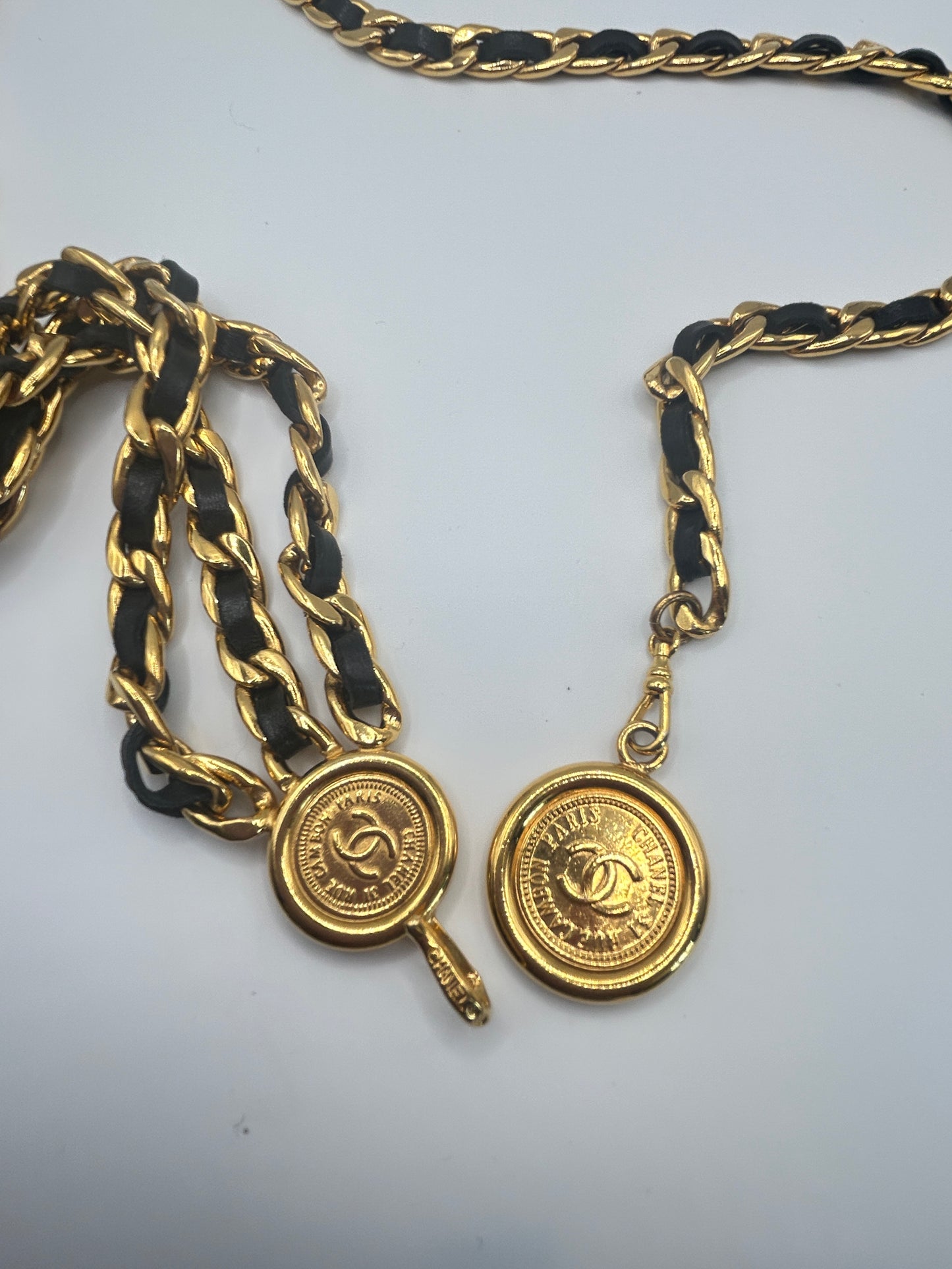 Chanel Vintage Black And Gold Chain Belt Gold Medallions iconic. Autumn 1994
