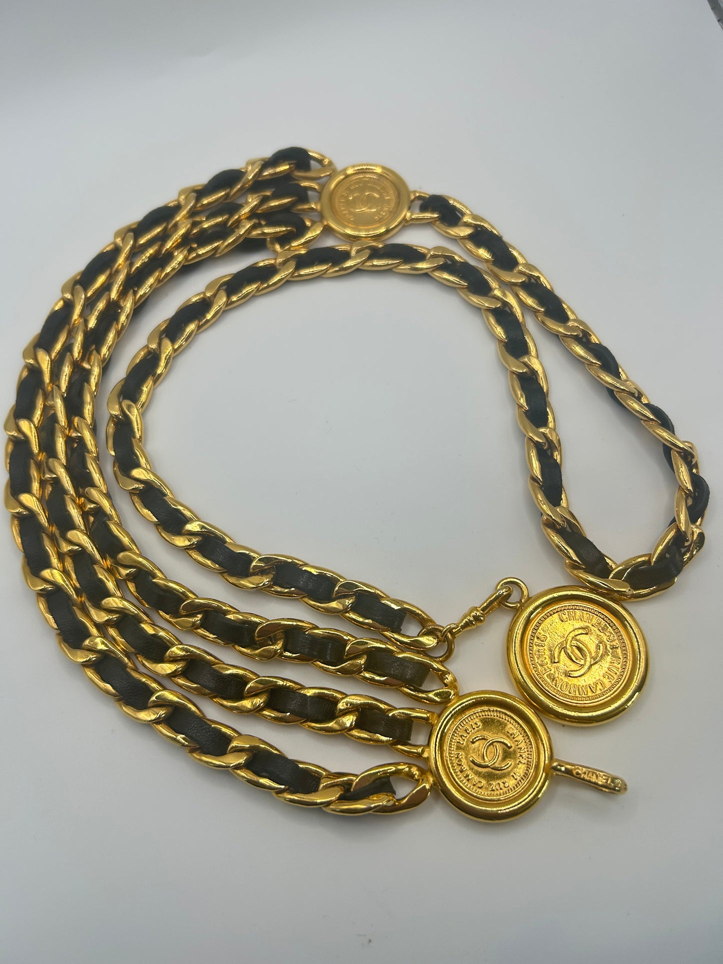 Chanel Vintage Black And Gold Chain Belt Gold Medallions iconic. Autumn 1994