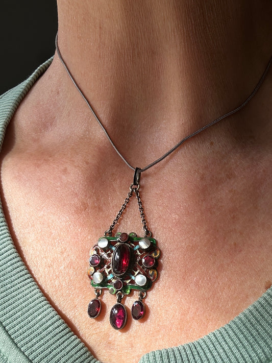 Antique Austro Hungarian Silver Pendant Garnet Drop and Paste Stones & enamel