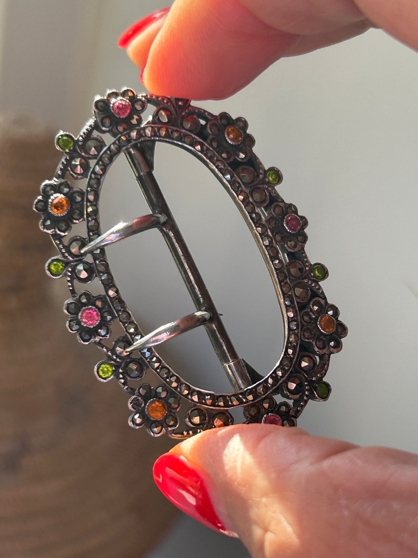 Antique silver marked 935 multicoloured gem paste buckle .
