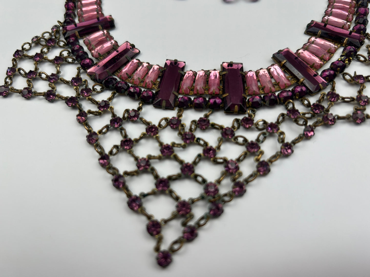 Antique 1930s Art Deco Pink Vauxhall Glass Bib Necklace And Clip On Earrings