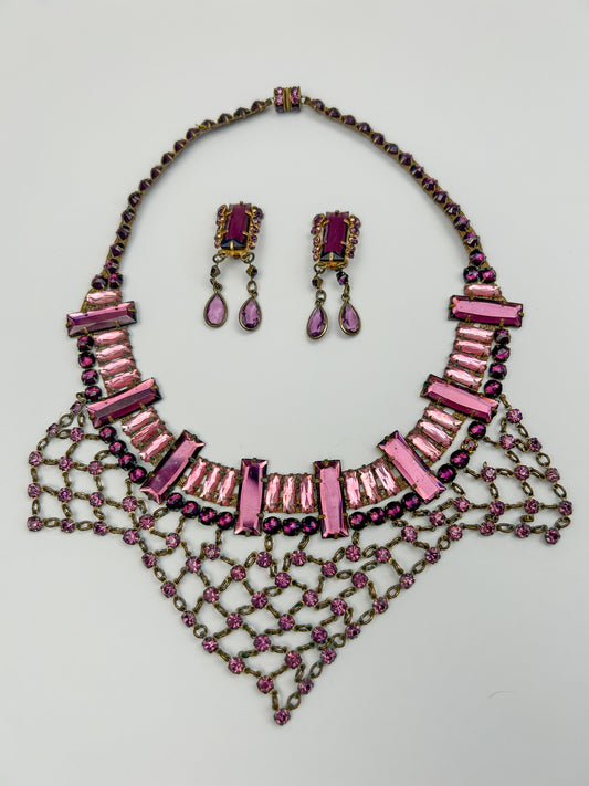 Antique 1930s Art Deco Pink Vauxhall Glass Bib Necklace And Clip On Earrings