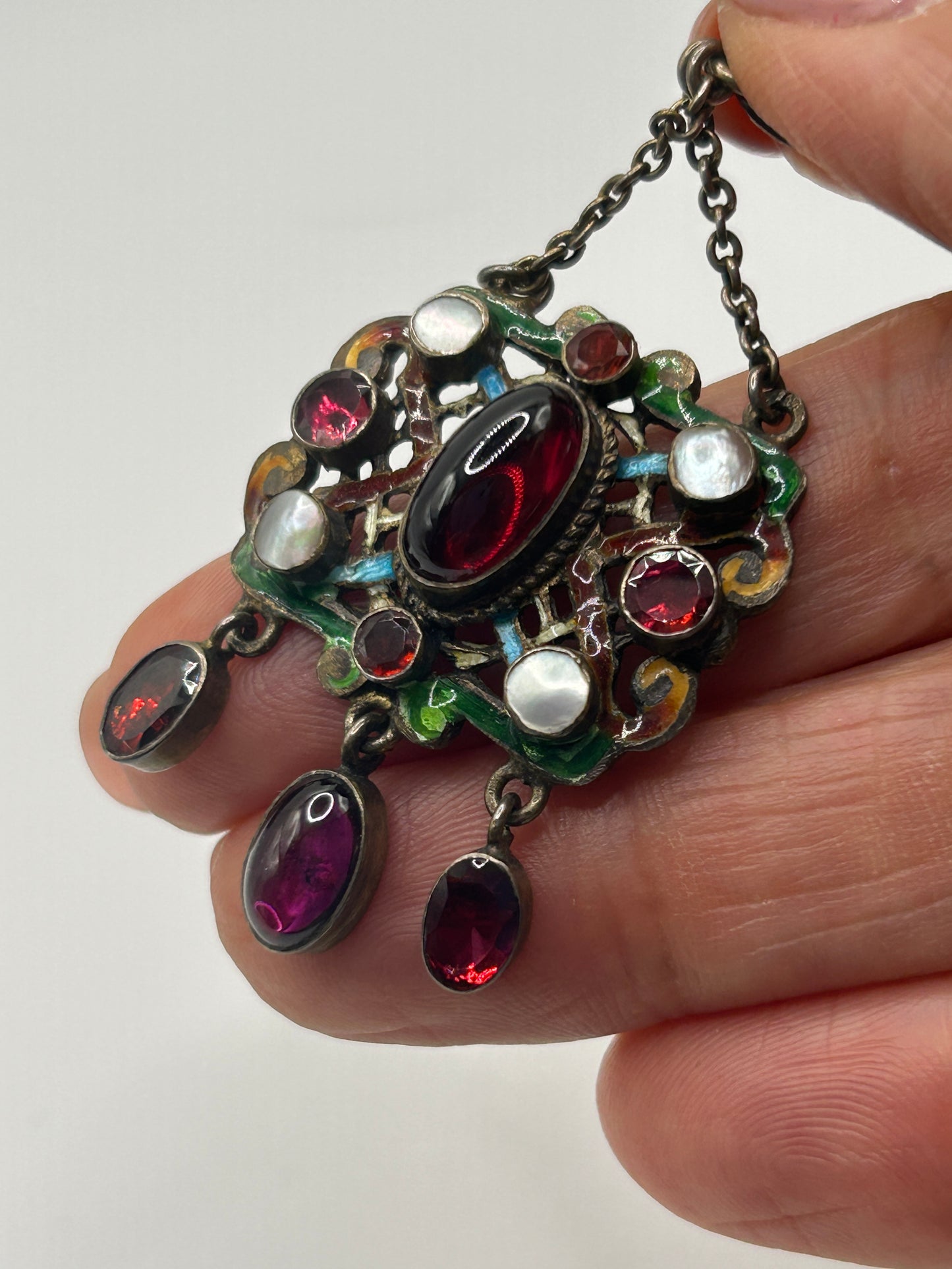 Antique Austro Hungarian Silver Pendant Garnet Drop and Paste Stones & enamel