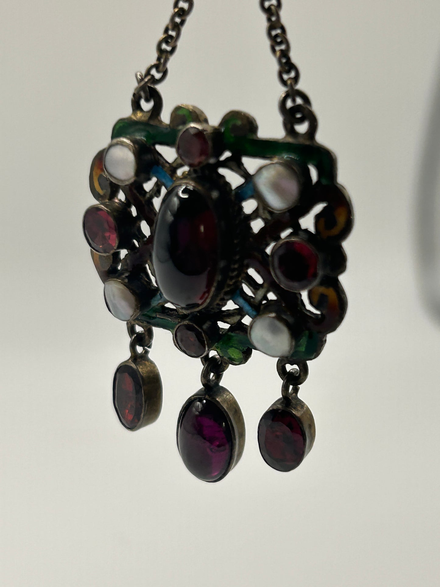 Antique Austro Hungarian Silver Pendant Garnet Drop and Paste Stones & enamel