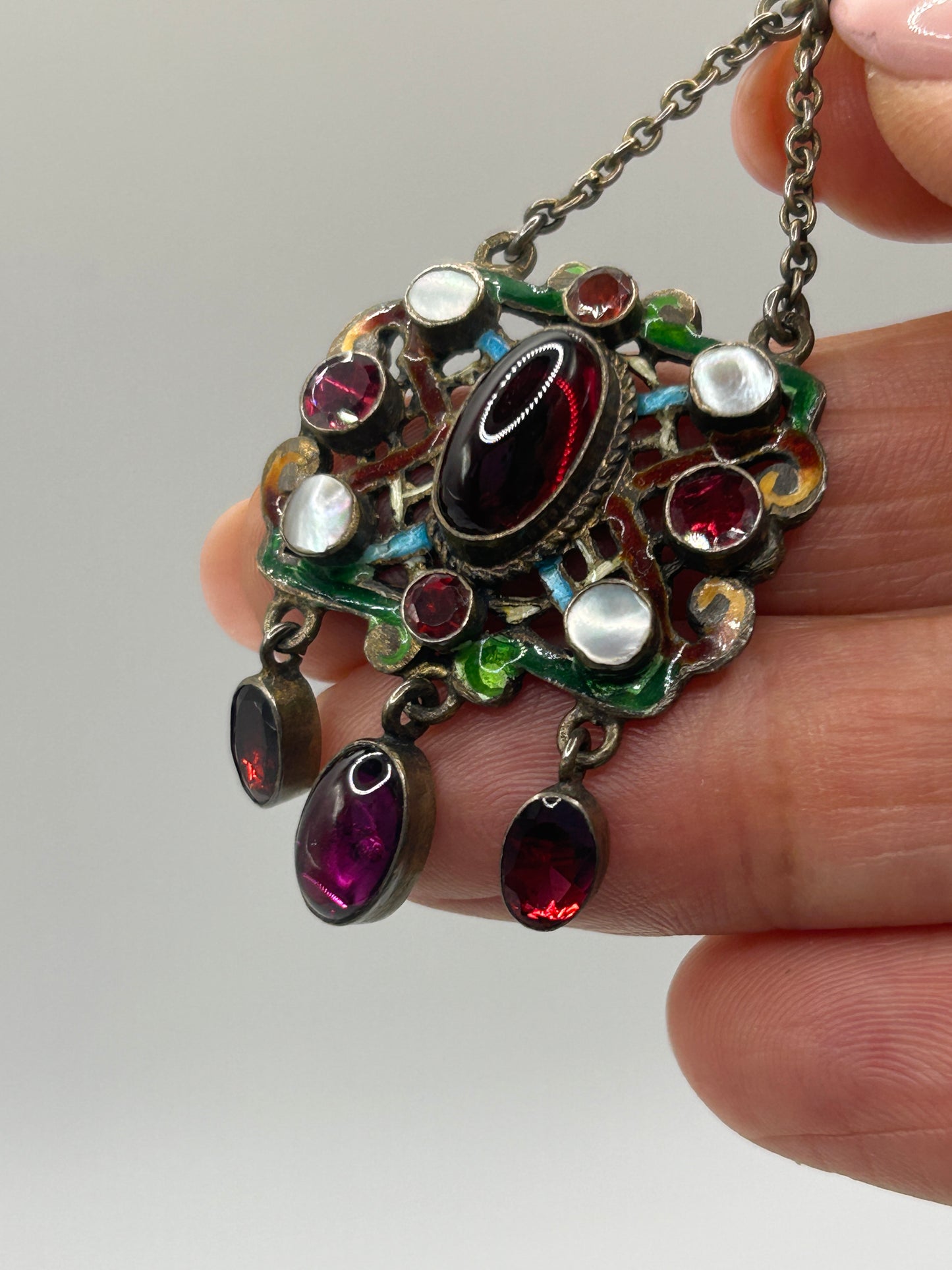 Antique Austro Hungarian Silver Pendant Garnet Drop and Paste Stones & enamel