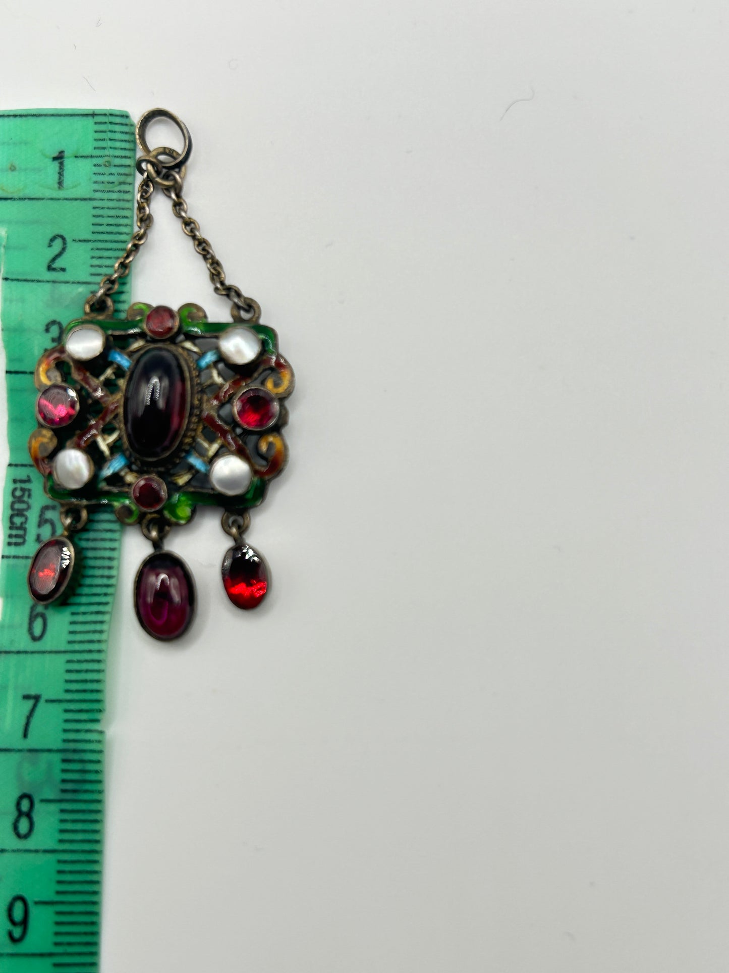 Antique Austro Hungarian Silver Pendant Garnet Drop and Paste Stones & enamel