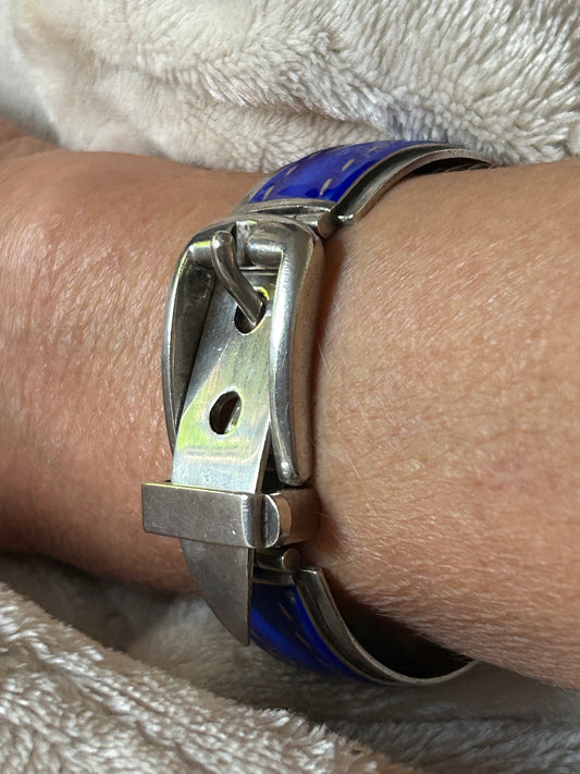 Vintage 1970 Rare Gucci Silver 925 Blue Enamel Buckle Belt Bracelet
