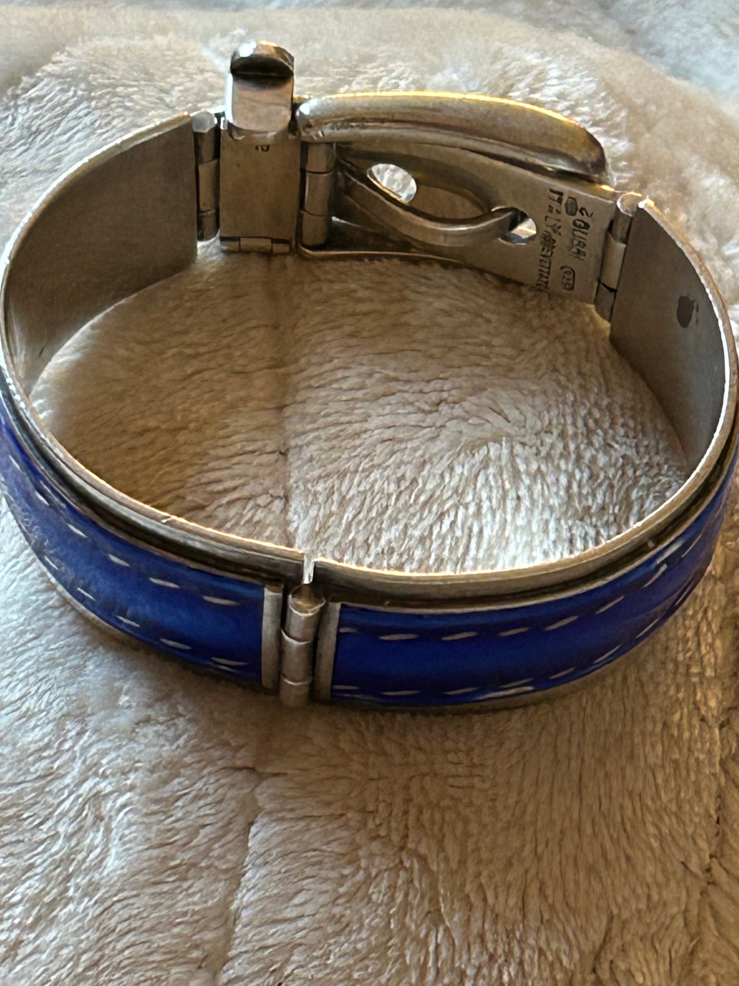 Vintage 1970 Rare Gucci Silver 925 Blue Enamel Buckle Belt Bracelet