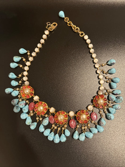 Christian Dior Vintage bib Necklace. Turquoise Glass Stones. Gripox glass