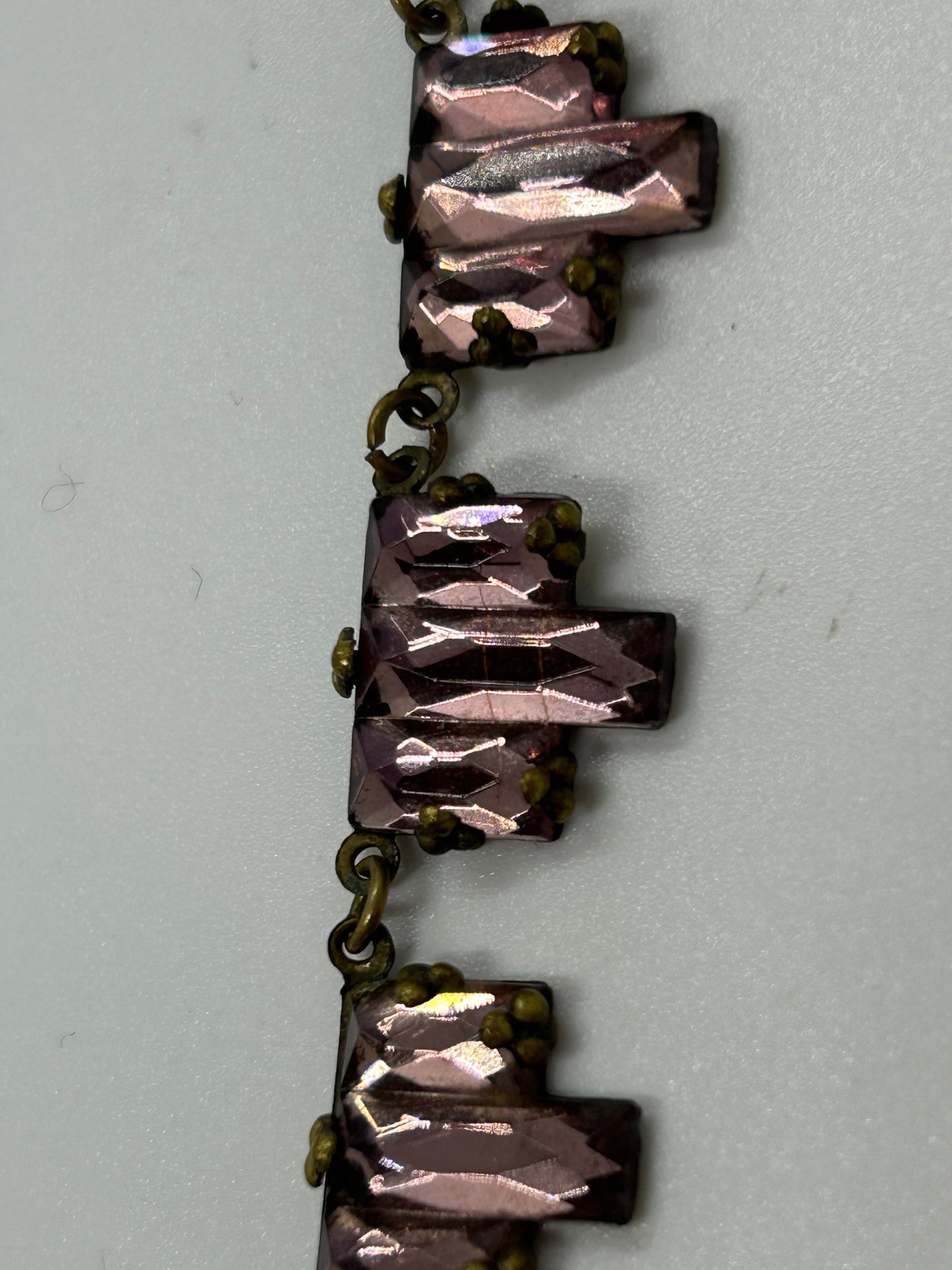 Antique Art Deco pink Vauxhall mirror glass necklace.