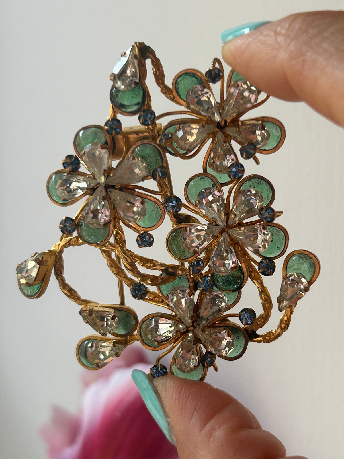 French Gripox Vintage fur clip Signed Depose Crystal Stones Gold Tone. Floral spray