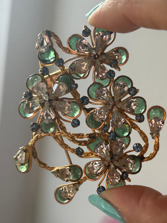 French Gripox Vintage fur clip Signed Depose Crystal Stones Gold Tone. Floral spray