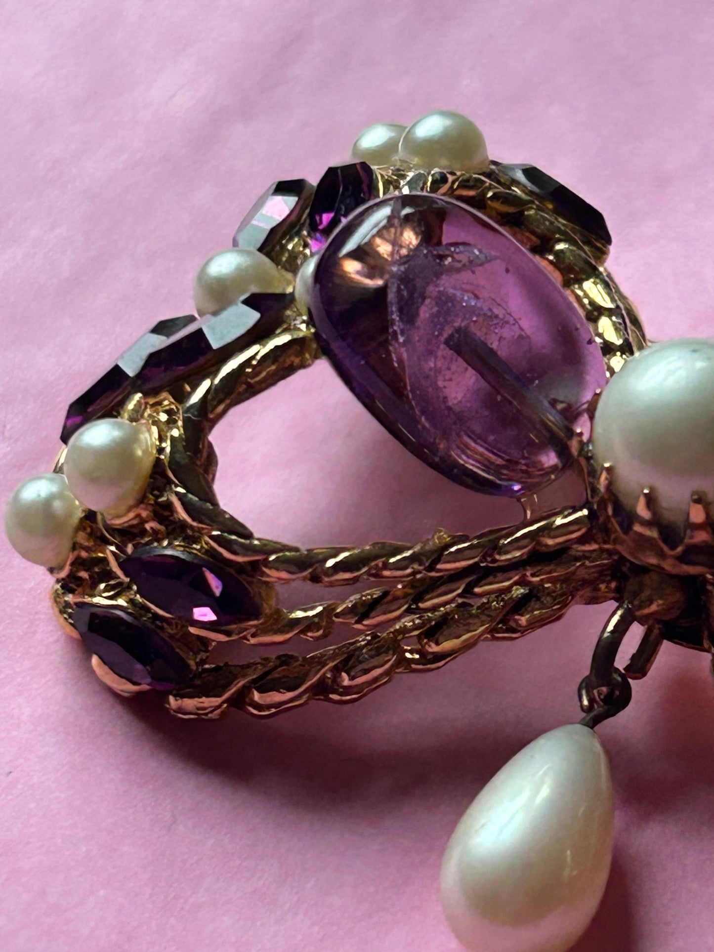 Pretty Vintage Brooch Signed Adrian Mann Bow with Amethyst Stones.