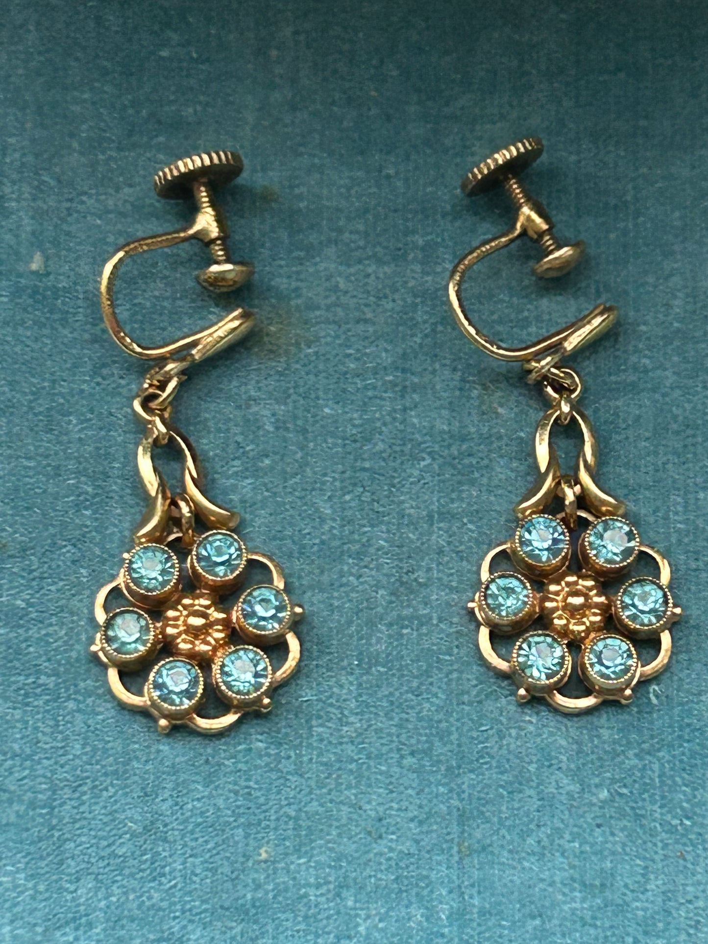 Vintage Rolled Gold Blue Paste Flower Drop Earrings German