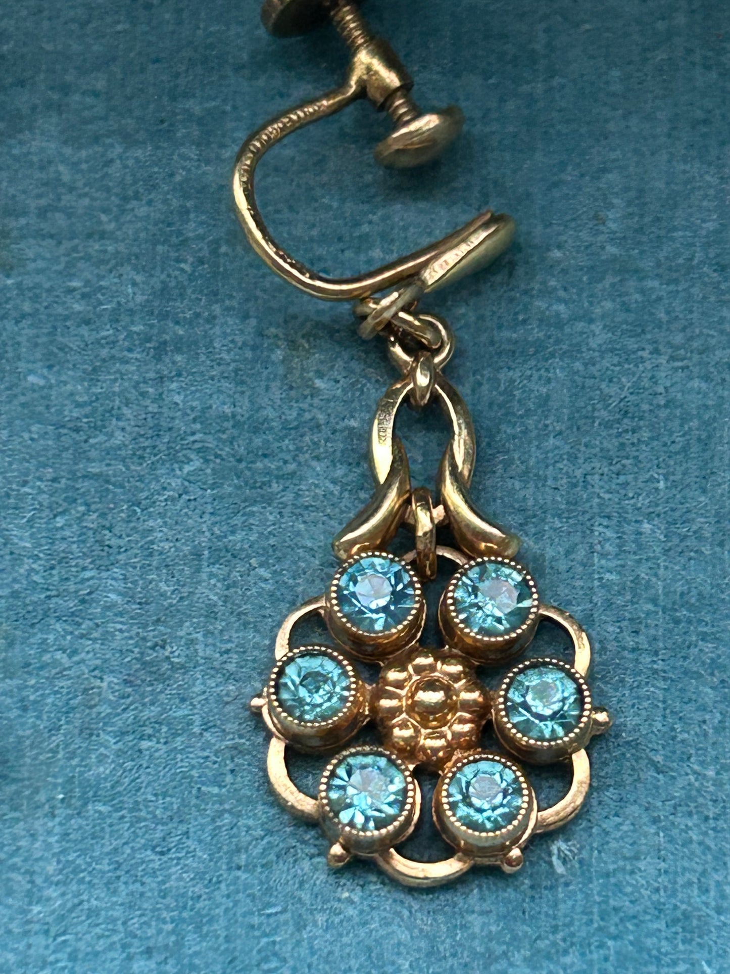 Vintage Rolled Gold Blue Paste Flower Drop Earrings German