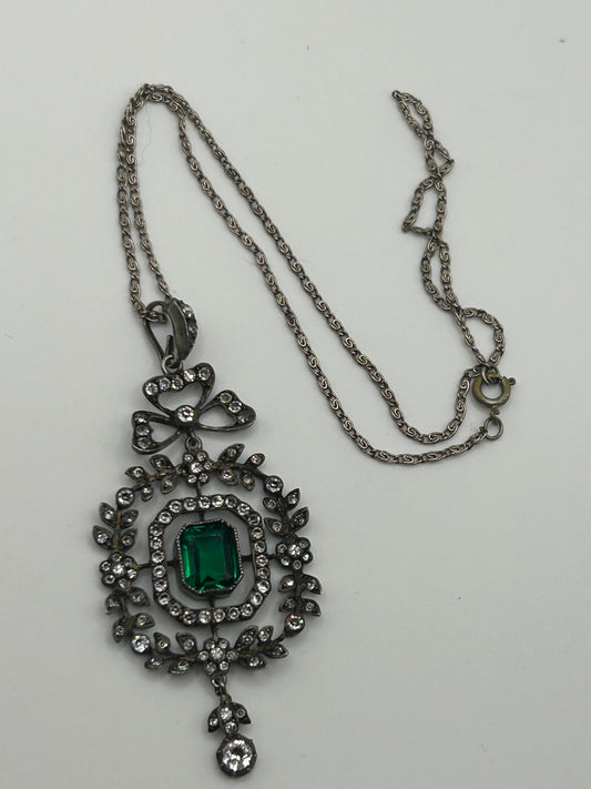 Antique 1900 Green Paste And Clear Stones Pendant Silver . Belle Epoque