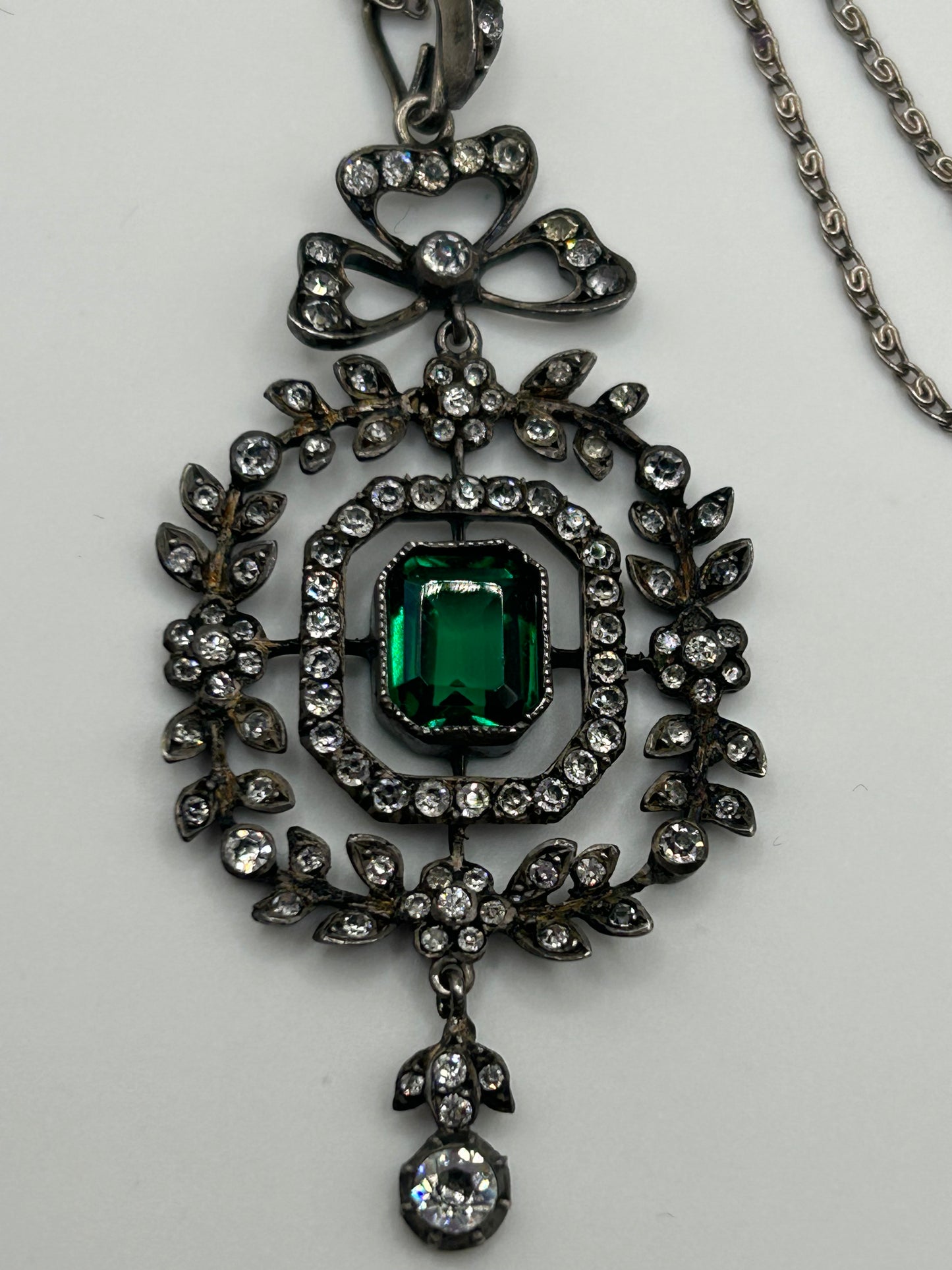 Antique 1900 Green Paste And Clear Stones Pendant Silver . Belle Epoque